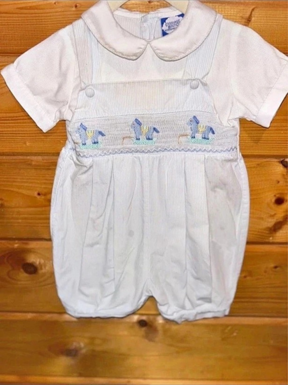 Carriage Boutiques Baby Romper in White & Blue Size 6M
